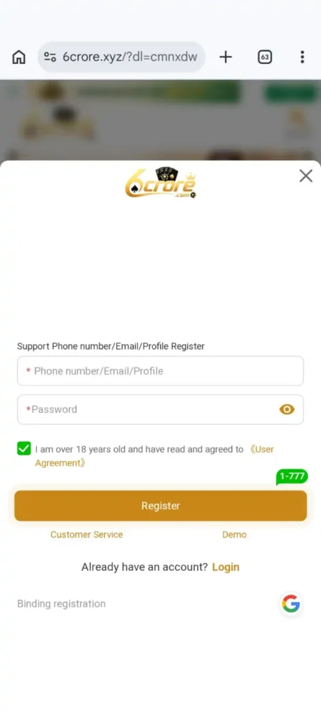 6Crore Game login and register