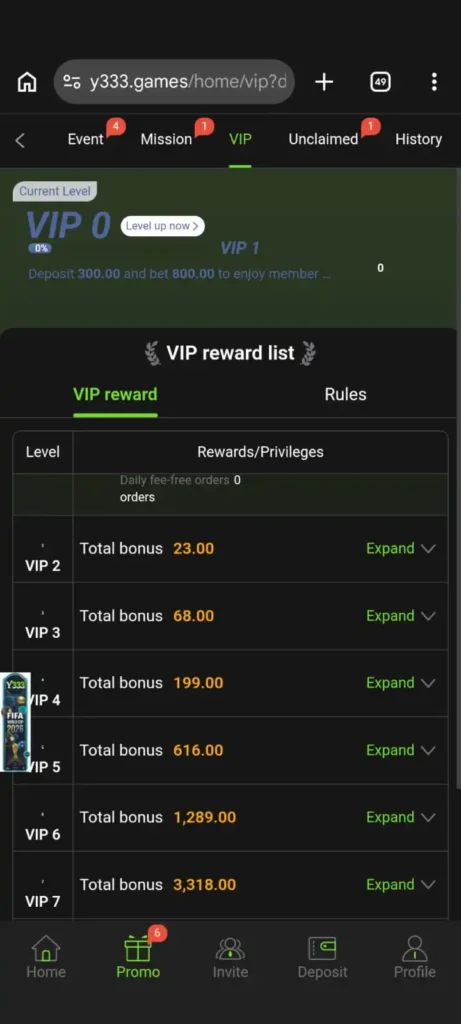 Y333 Game bous and rewards page